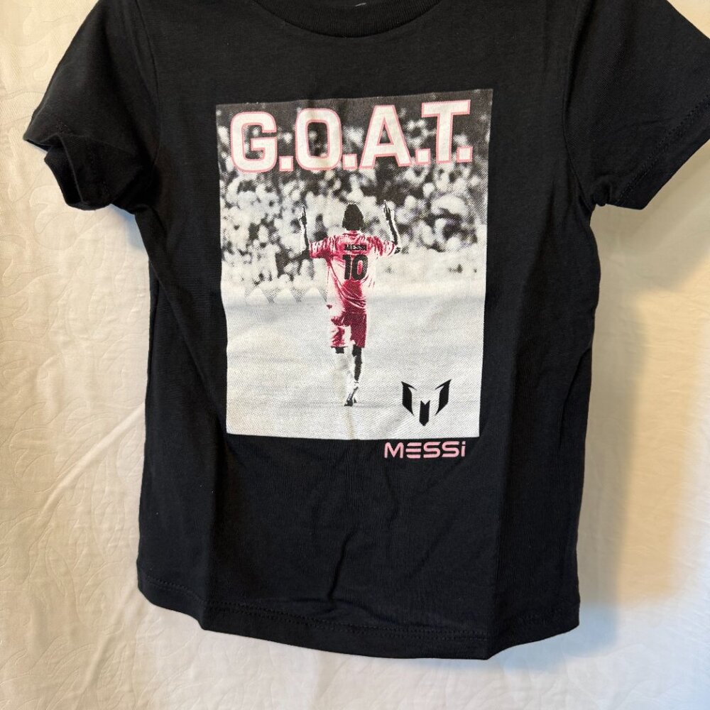 Messi Collection- Black G.O.A.T. Messi T-Shirt with Pink Graphic Highlights 4T